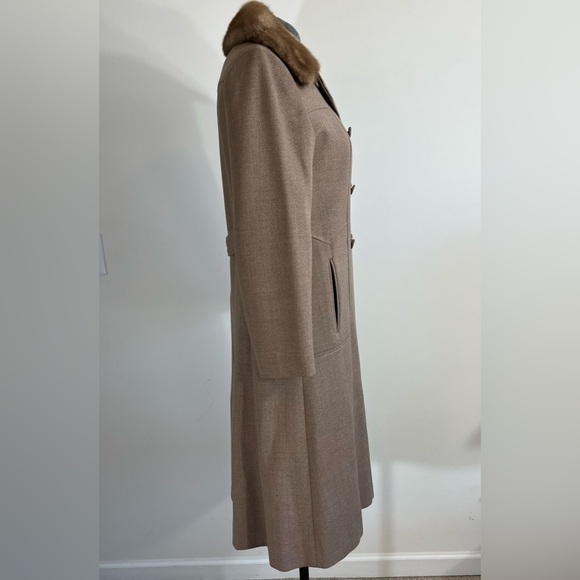 Vintage fur collar wool blend tan beige pea coat, Small - Picture 2 of 16